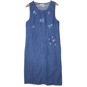 Denim Y2K‎ Jumper Dress Sz L Floral Pocket Modest Cottage Retro Cotton 90s Midi